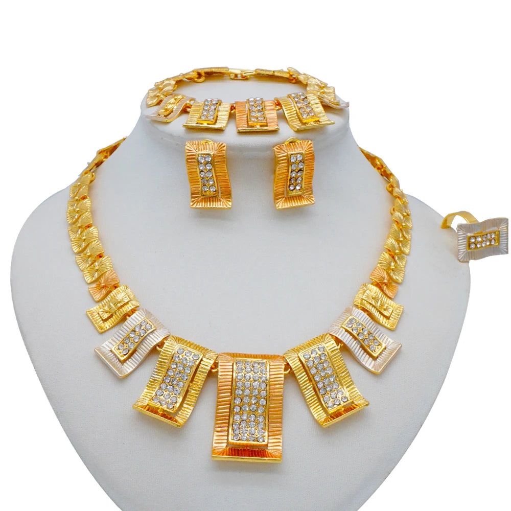 Necklace Sets For Women Dubai African Gold Color Jewelry Set Bride Earrings Rings Indian Nigerian Wedding Jewelery Set Gift