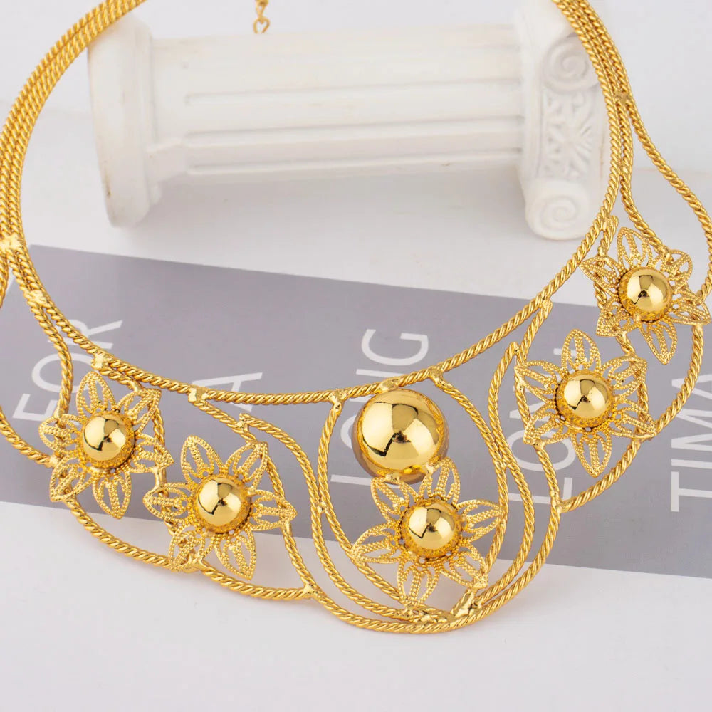 Exaggerated Gold Color Hollow Flower Shape Necklace Earrings Ring Bracelet Set for Women Gold Plated Jewelry Gift for Party