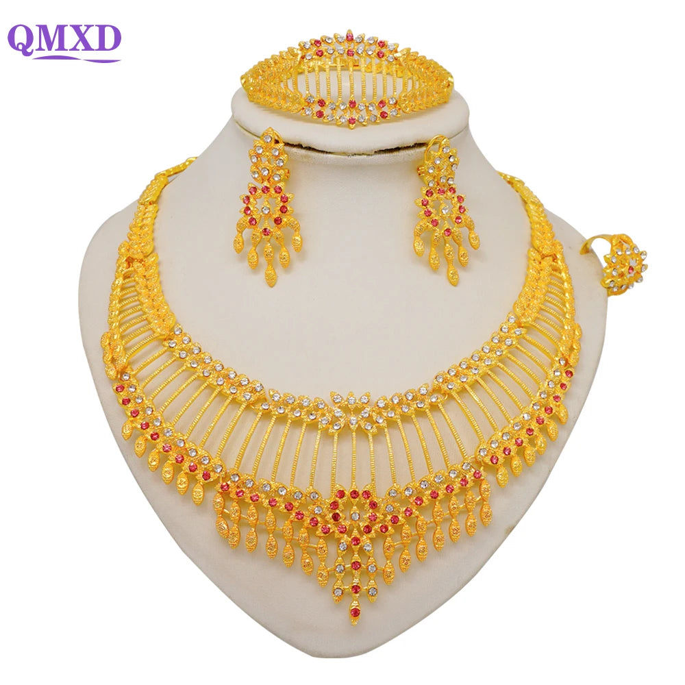 Trendy Nigerian Dubai Gold Color Jewelry Set For Women Tassel Long Chain Bridal Long Necklace Bracelet Earring Ring Wedding Sets