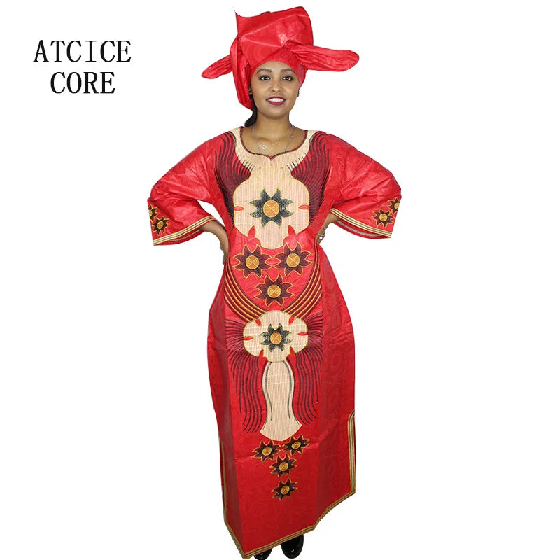 African Dresses For Woman Bazin Riche Embroidery Desing Long Dress With Scarf 2 Piece Set