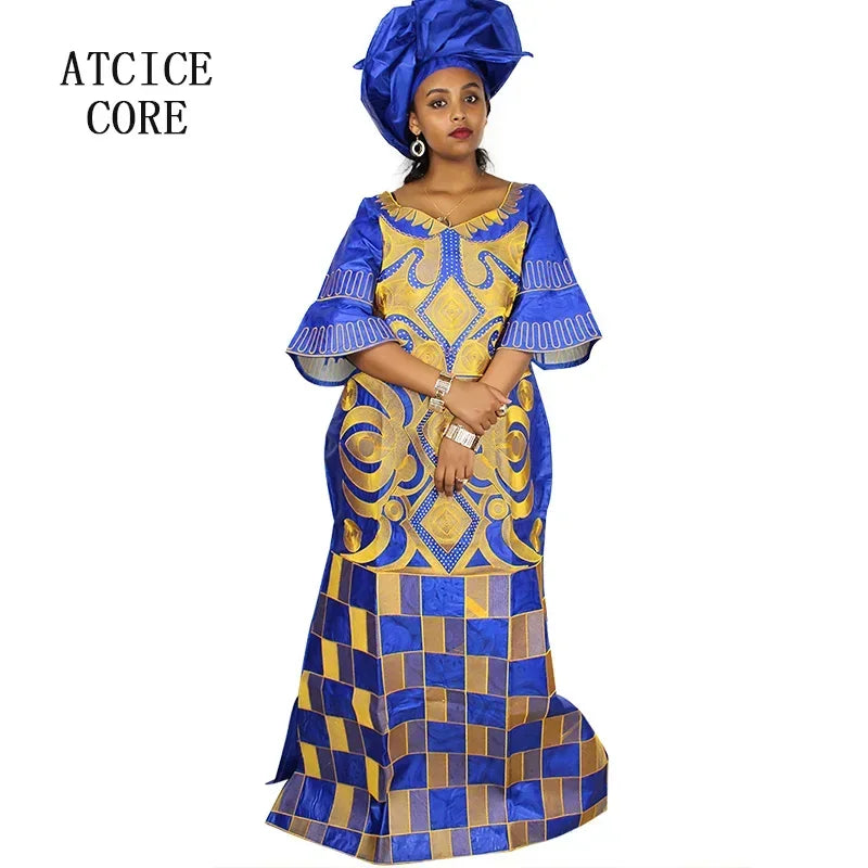 African Dresses For Woman Bazin Riche Computer Emboridery Plus Size Long Dress With Scarf