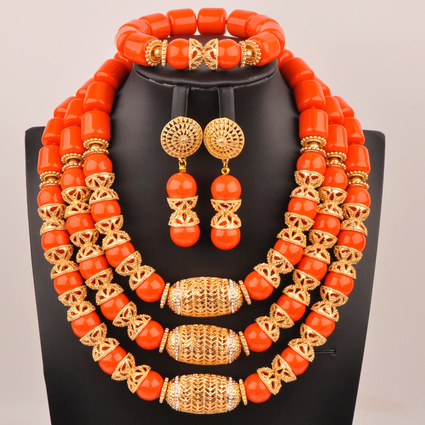 Orange Nigerian Artificial Coral Bead Necklace African Jewelry Sets