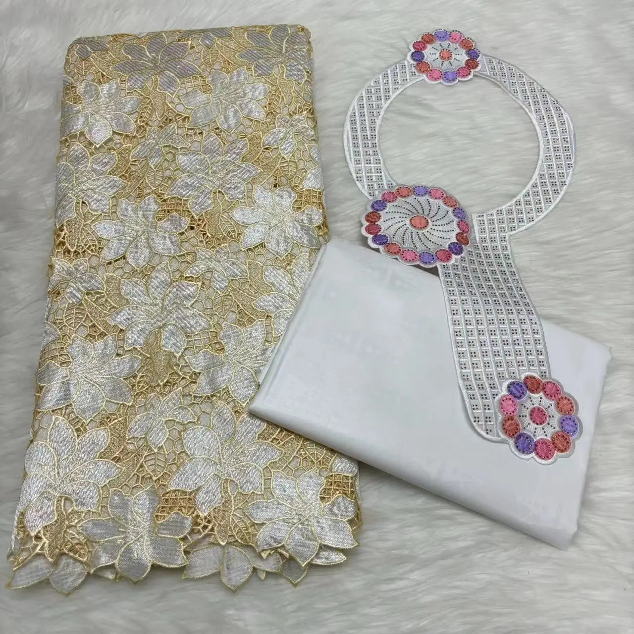 2024 High Quality 2.5yards Bazin Riche Brocade Fabric +2.5 Yards African Cotton Lace Fabric with Collar Set for Dress  M4-1212-1