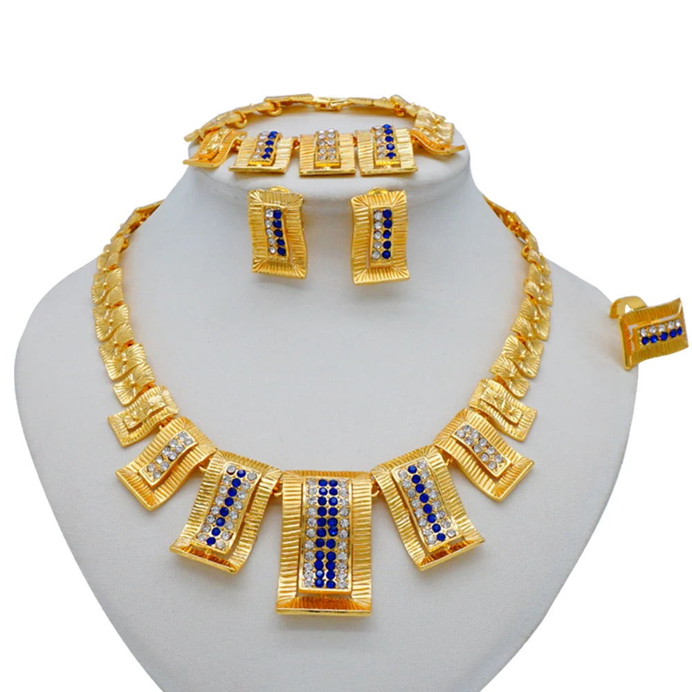 Necklace Sets For Women Dubai African Gold Color Jewelry Set Bride Earrings Rings Indian Nigerian Wedding Jewelery Set Gift