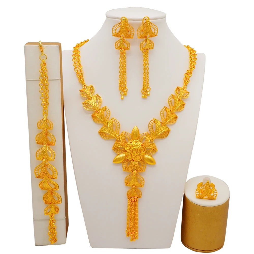 Dubai Gold Color Jewelry Set For Woman Bridal Nigerian African Long Chain Necklace Earrings Bracelet Ring Jewellery Set