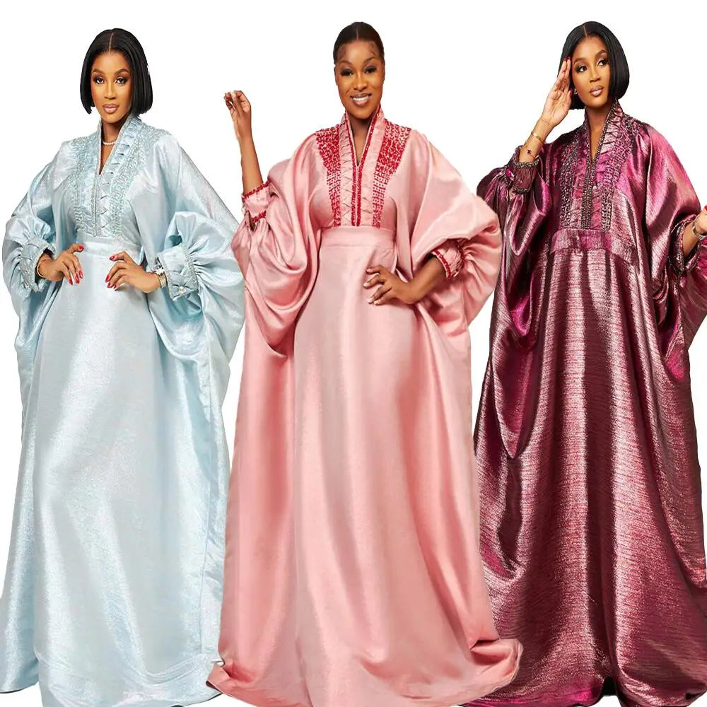 fashion turkey dresses for woman luxury elegant 2025 V-neck rhinestones dresses for church boubou  african dresses