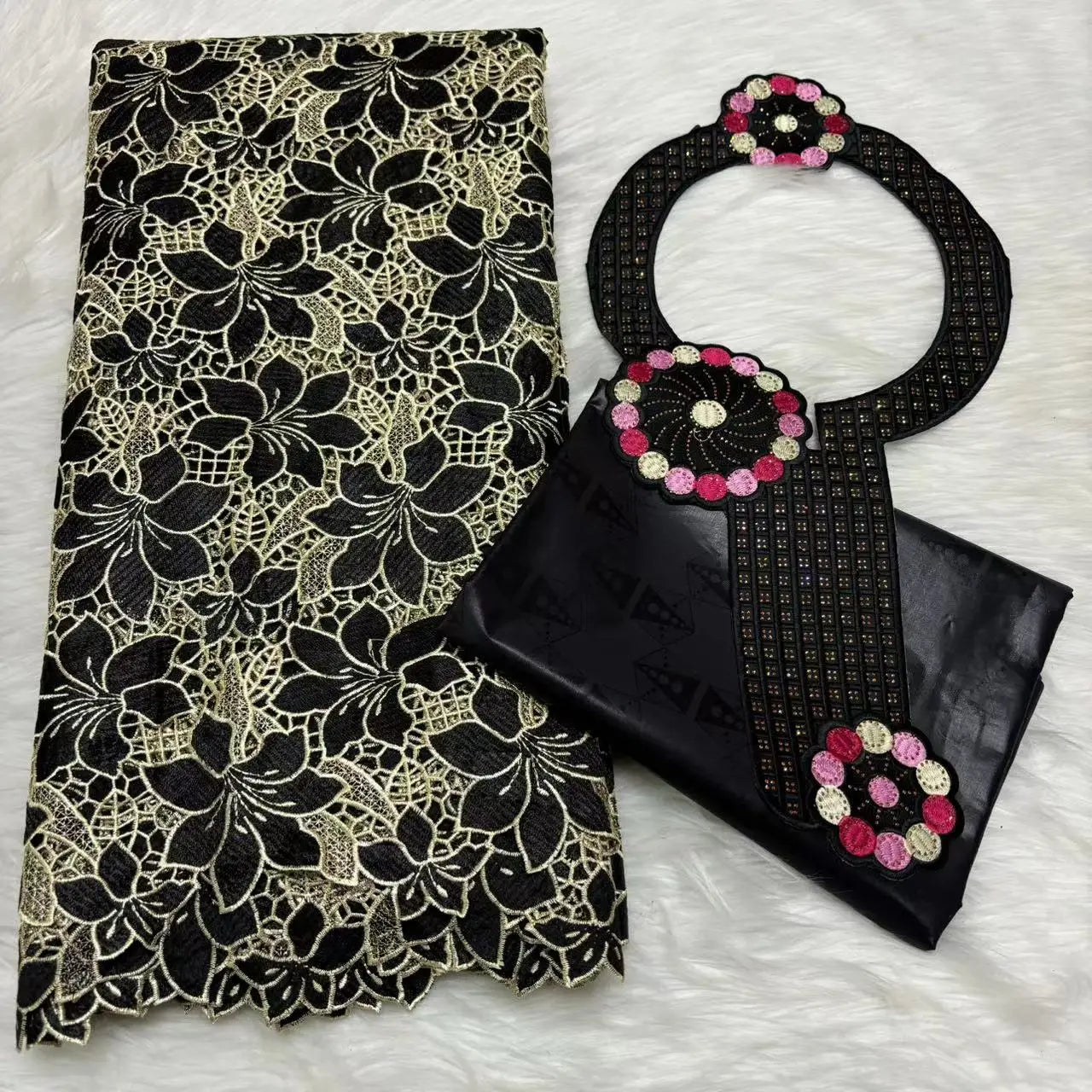 2024 High Quality 2.5yards Bazin Riche Brocade Fabric +2.5 Yards African Cotton Lace Fabric with Collar Set for Dress  M4-1212-1