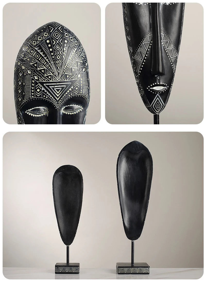 African Style Face Mask Ornament Sculpture Decoration Resin Arts And Crafts Originality Pattern Carving Retro With Base For Home