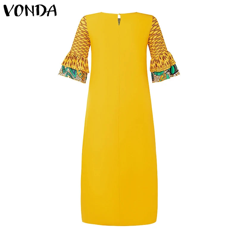 VONDA 2024 Fashion Women Elegant Maxi Dress Vintage Printed 3/4 Flare Sleeve Sundress Party Long Dress Casual Vestido Loose Robe
