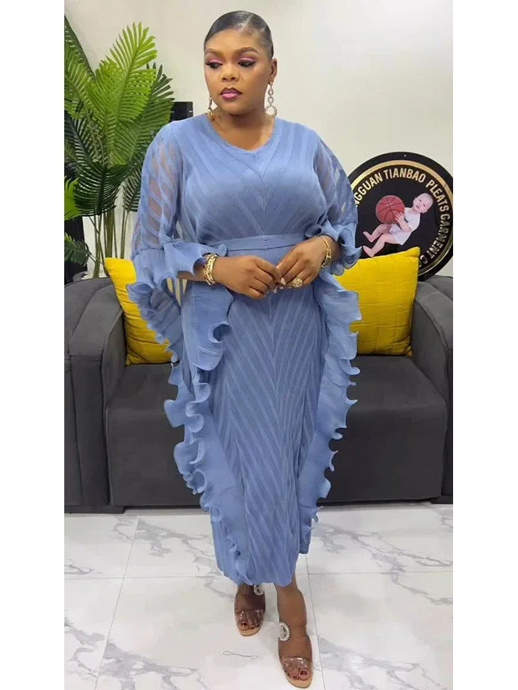 ANLAN Ruffles Pleated Dress Women V Neck Hanging Loose Style Dresses with Belt Female Elegant Clothing Spring 2025 New 2AN9083