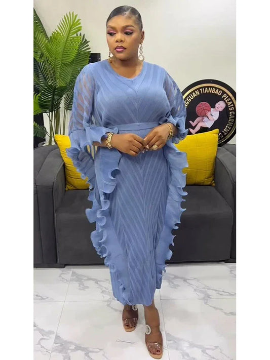 ANLAN Ruffles Pleated Dress Women V Neck Hanging Loose Style Dresses with Belt Female Elegant Clothing Spring 2025 New 2AN9083