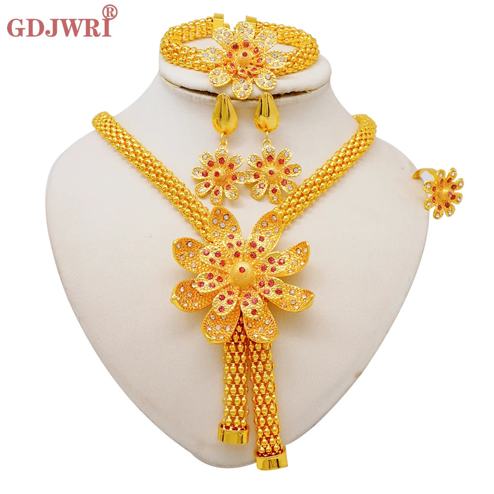Nigeria Dubai Gold Color Fine Flowers Jewelry Sets African Wedding Gifts Party For Women Bracelet Necklace Earrings Ring Set