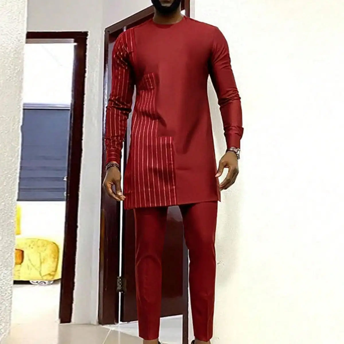 New Men's Tenos Wedding 2-Piece Suit Waist Pants Shirt Solid Color Panel Long Sleeve Party African Ethnic Style Clothing (M-4XL)