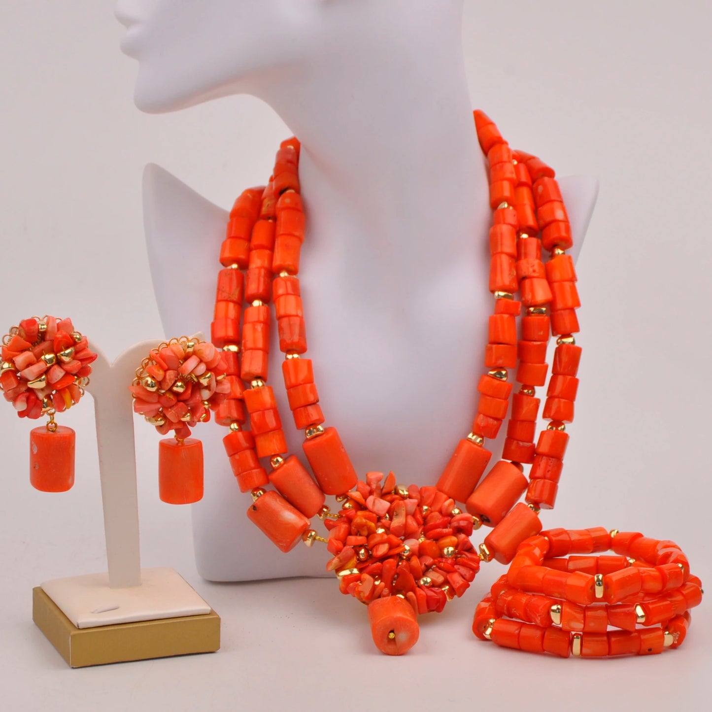 Orange Nigerian Artificial Coral Bead Necklace African Jewelry Sets