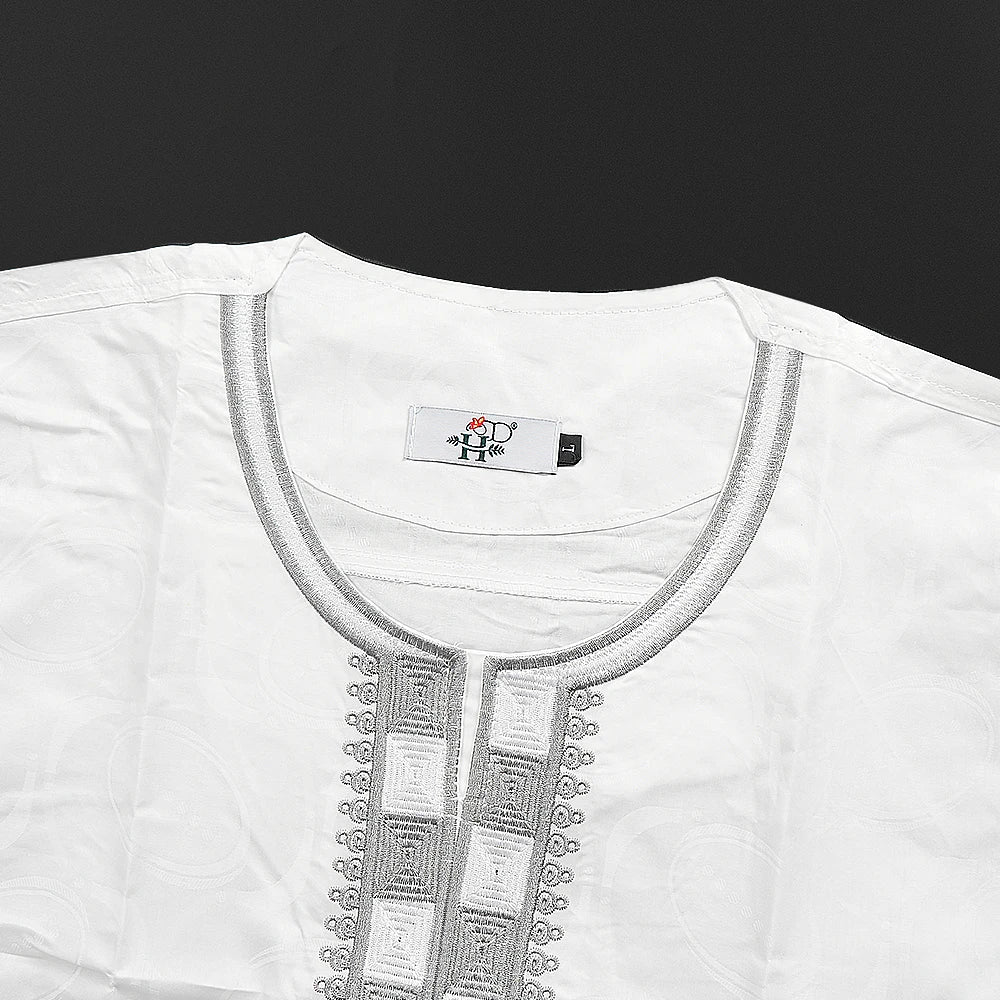 H&D New In African Summer Men's Long Sleeve Suit White Embroidery Dashiki Shirt Pants Sets 3 Pieces Outfits Wedding Party 2025