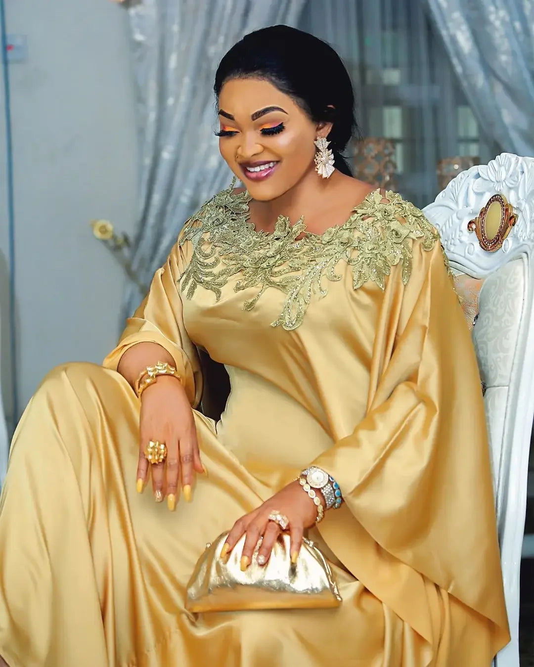 MCK Africa Gown Dress Silk Fabric Satin Gold Color Golden Flower Embroidery Diamond Abaya Party High Quality Maxi Long Dresses