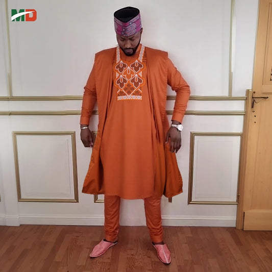 MD 2025 African Boubou Men Agbada 3 pieces Set Orange Dashiki Mens Shirt Pants Suit Embroidered Clothes Wedding Tops Pants Suit