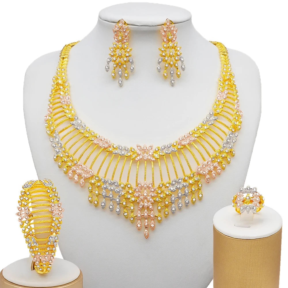 Dubai Gold Color Jewelry Set For Woman Bridal Nigerian African Long Chain Necklace Earrings Bracelet Ring Jewellery Set