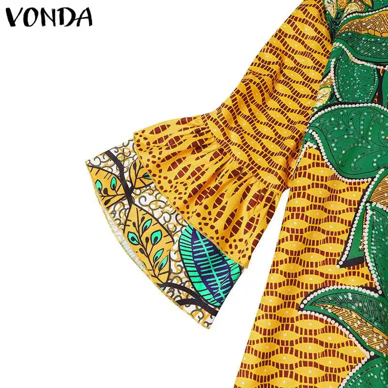 VONDA 2024 Fashion Women Elegant Maxi Dress Vintage Printed 3/4 Flare Sleeve Sundress Party Long Dress Casual Vestido Loose Robe