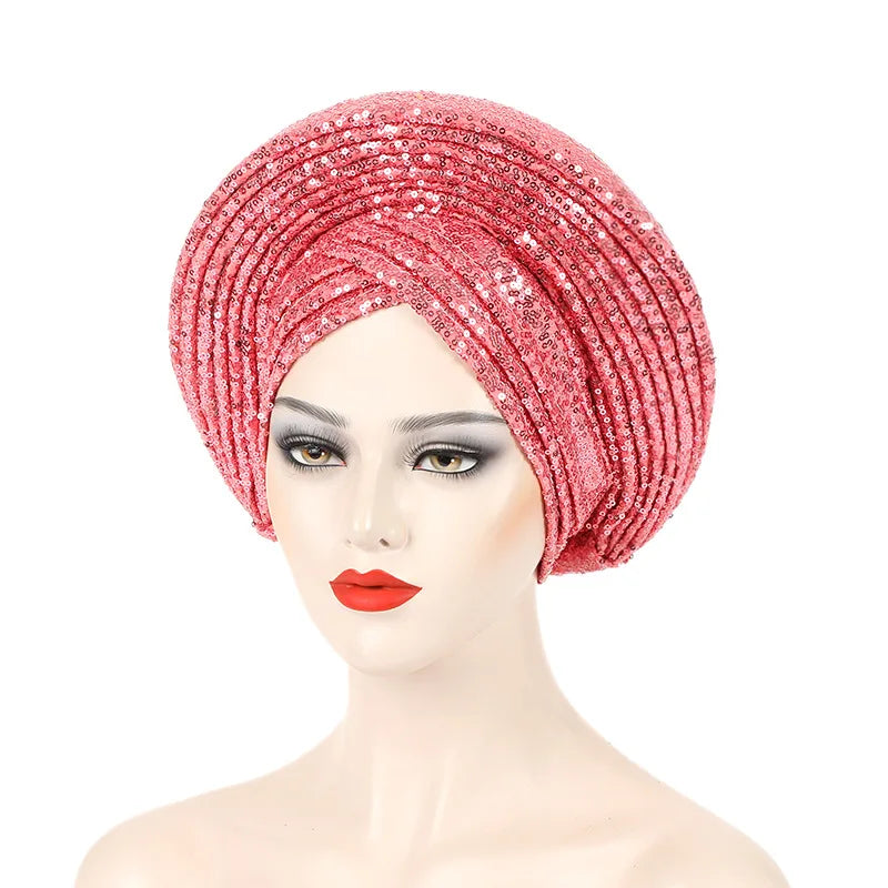 African Already Made Hat Auto Gele Women Hijab Headtie Nigeria Wedding Party Gele Female Head Wraps Headpiece Sequin Turban Caps