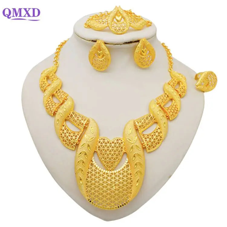 Trendy Nigerian Dubai Gold Color Jewelry Set For Women Tassel Long Chain Bridal Long Necklace Bracelet Earring Ring Wedding Sets