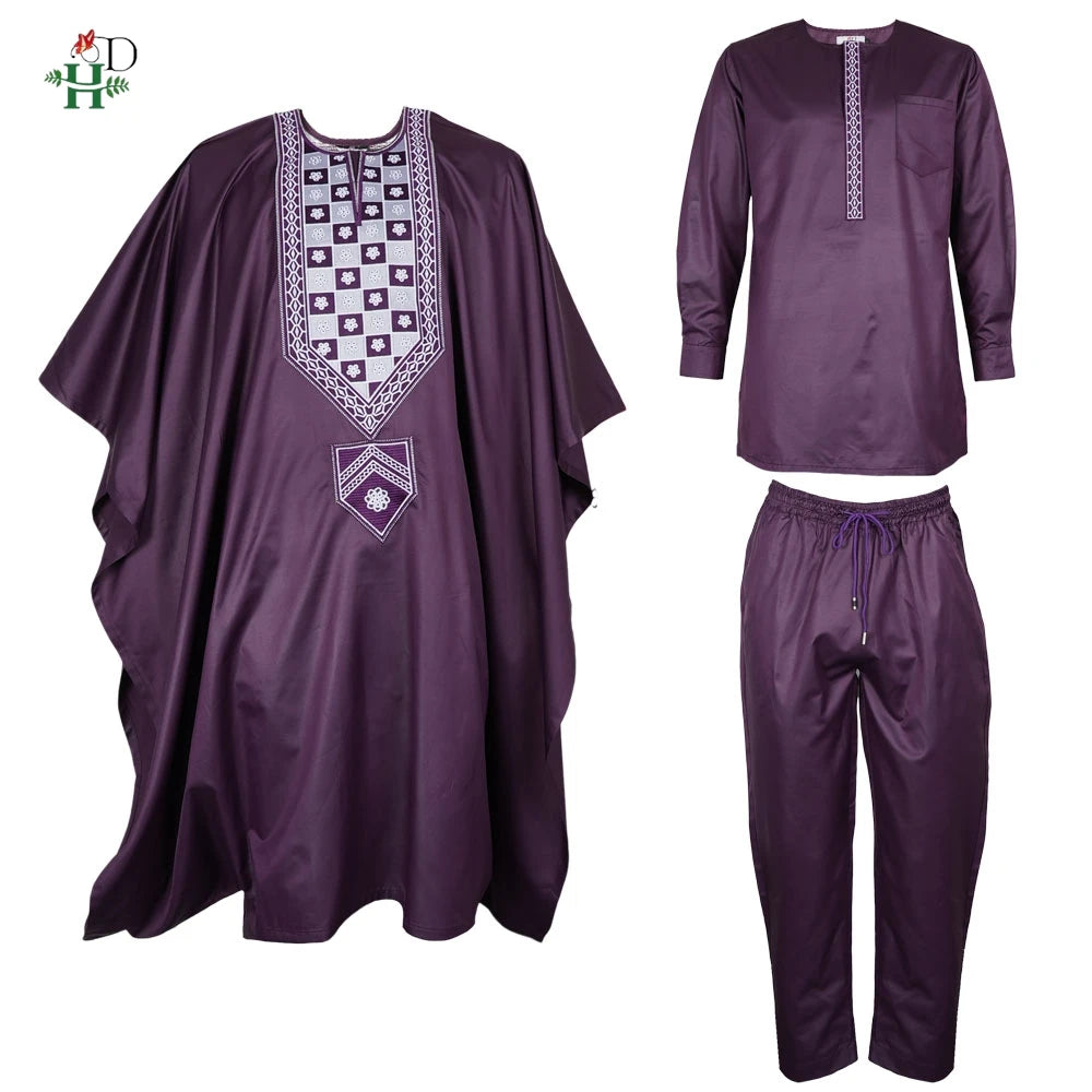 H&D African For Men Traditional 3PCS Outfit Thobe Set Purple Agbada Embroidered Robe Plus Size Wedding Christmas BouBou Ramadan