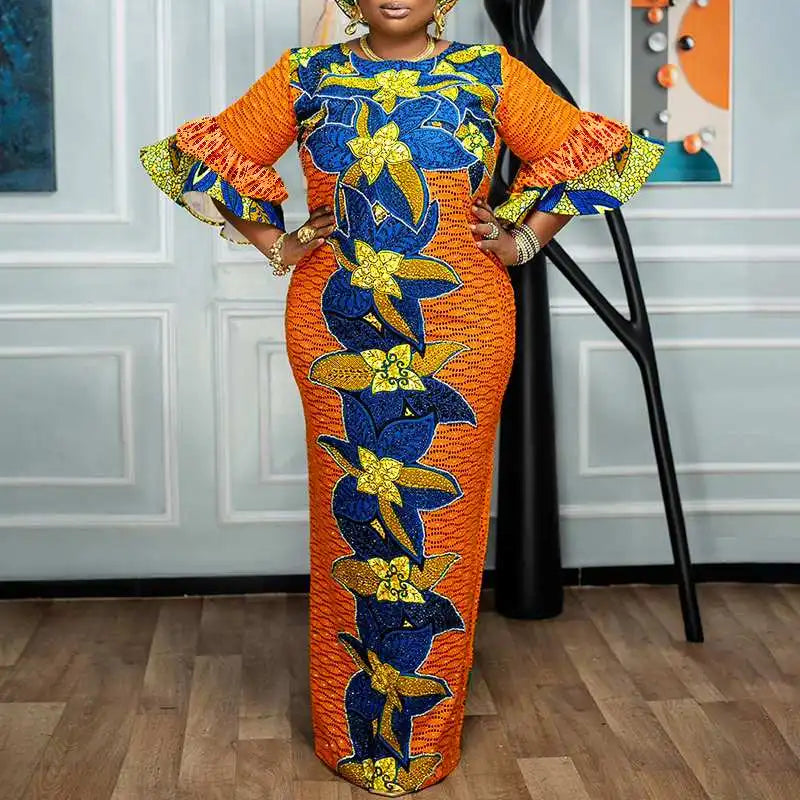 VONDA 2024 Fashion Women Elegant Maxi Dress Vintage Printed 3/4 Flare Sleeve Sundress Party Long Dress Casual Vestido Loose Robe