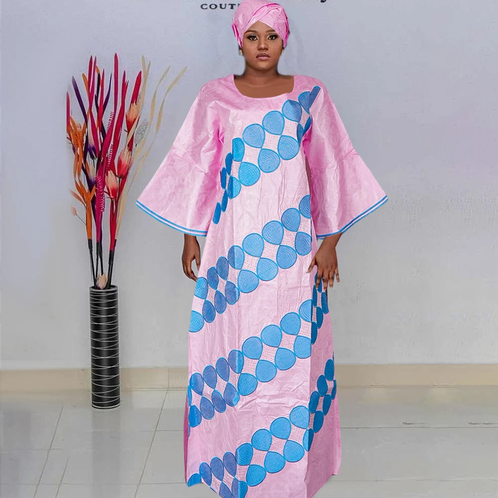 H&D New African Dresses For Women Embroidery Bazin Floral Dresses Ankara Rich Long Robes Nigeria Party Wedding Ramadan