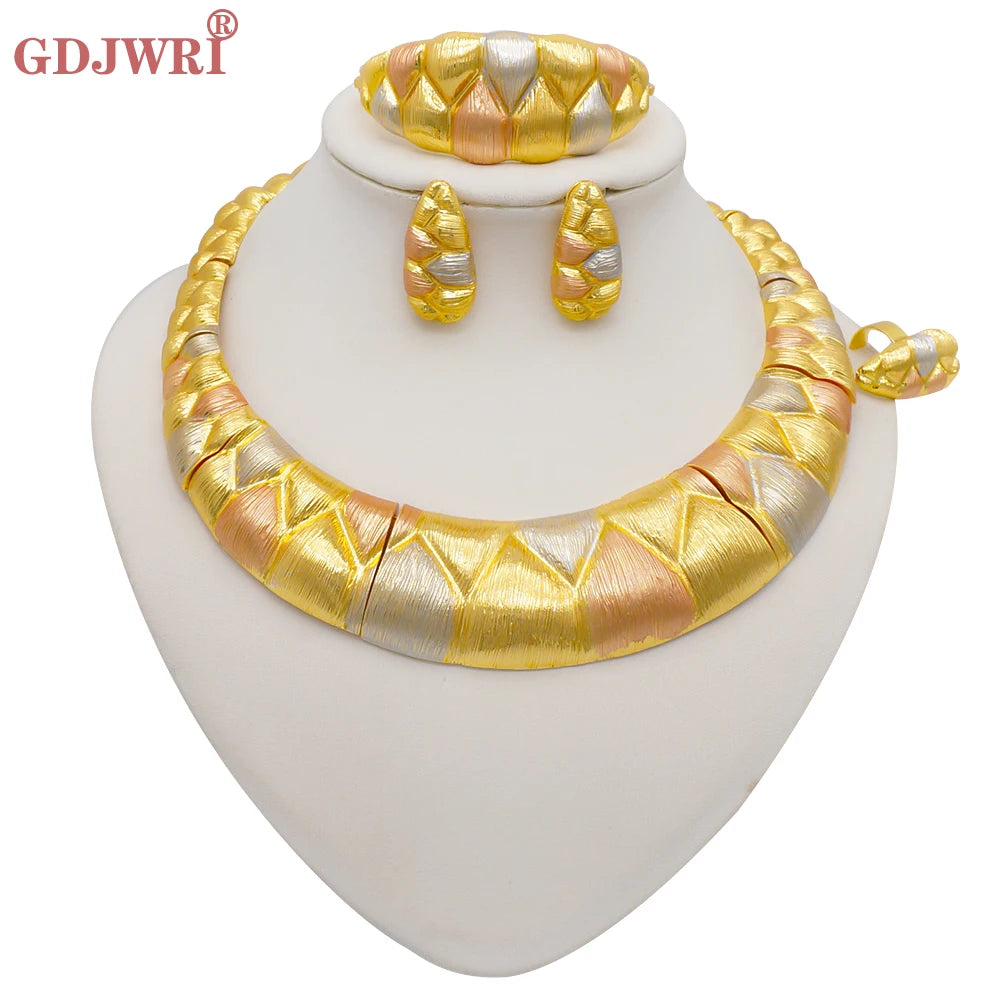 Necklace Sets For Women Dubai African Gold Color Jewelry Set Bride Earrings Rings Indian Nigerian Wedding Jewelery Set Gift