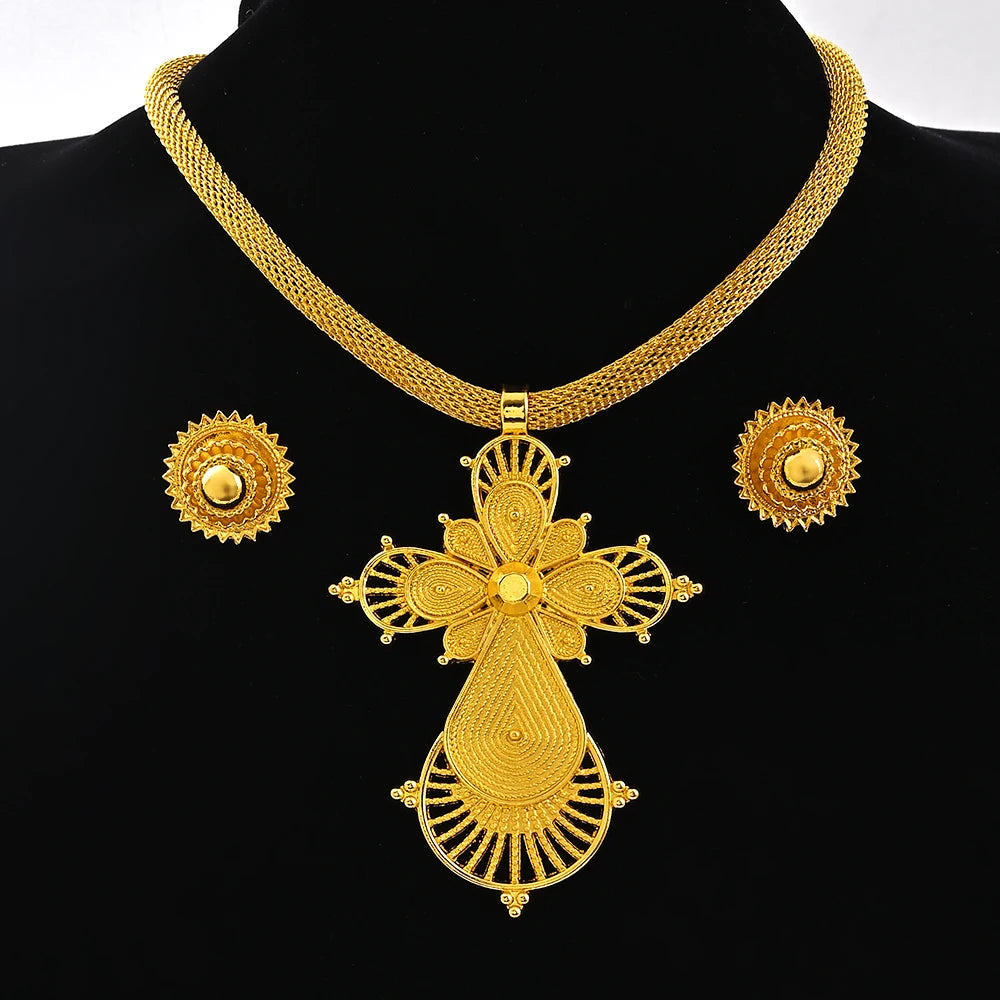 Saudi Arabia 24K Gold Color Ethiopia Women Jewelry Necklace Earring African Arab Bridal Set Habesha Eritrea Party Gift