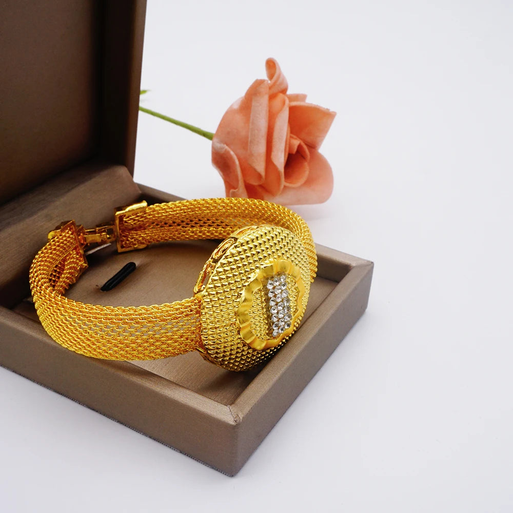 Trendy Nigerian Dubai Gold Color Jewelry Set For Women Tassel Long Chain Bridal Long Necklace Bracelet Earring Ring Wedding Sets