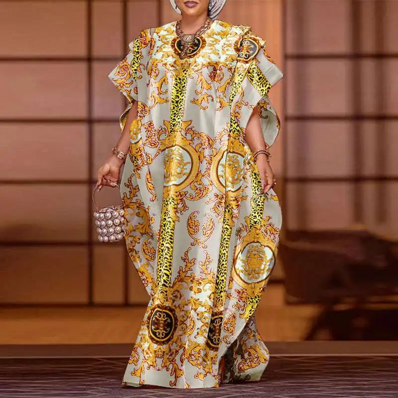 VONDA Plus Size 5XL Elegant Maxi Long Dress 2024 Fashion Satin Dress Sexy Printed Patchwork Bat-wing Sleeve Vestidos Ruffle Robe