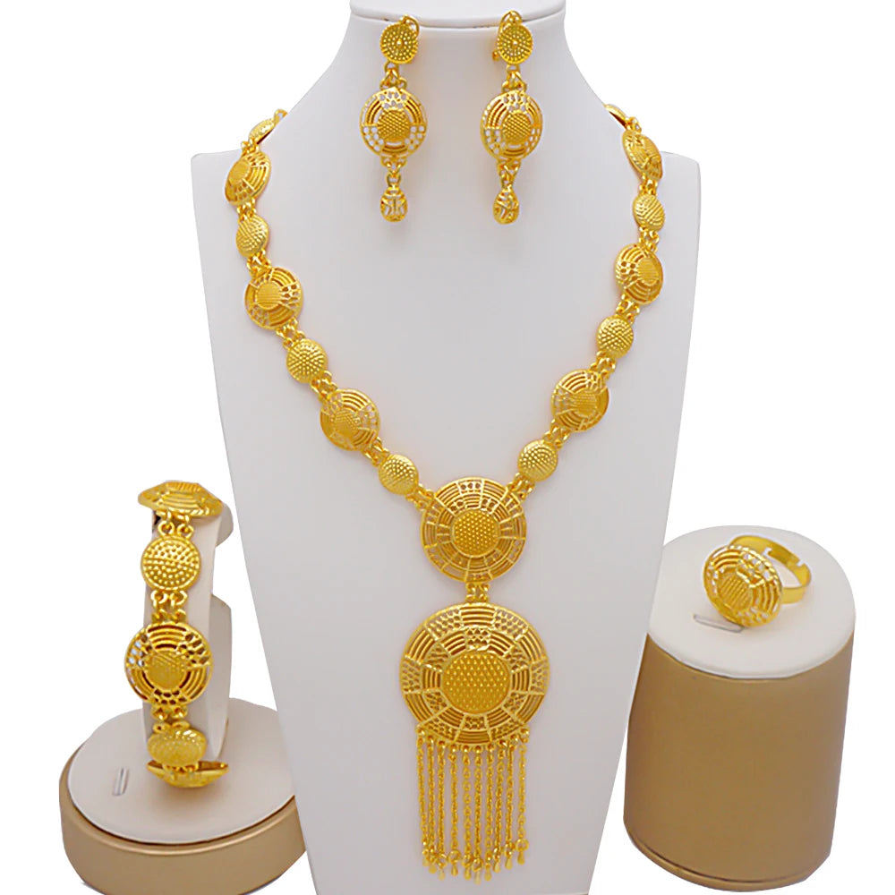 Dubai Gold Color Jewelry Set For Woman Bridal Nigerian African Long Chain Necklace Earrings Bracelet Ring Jewellery Set