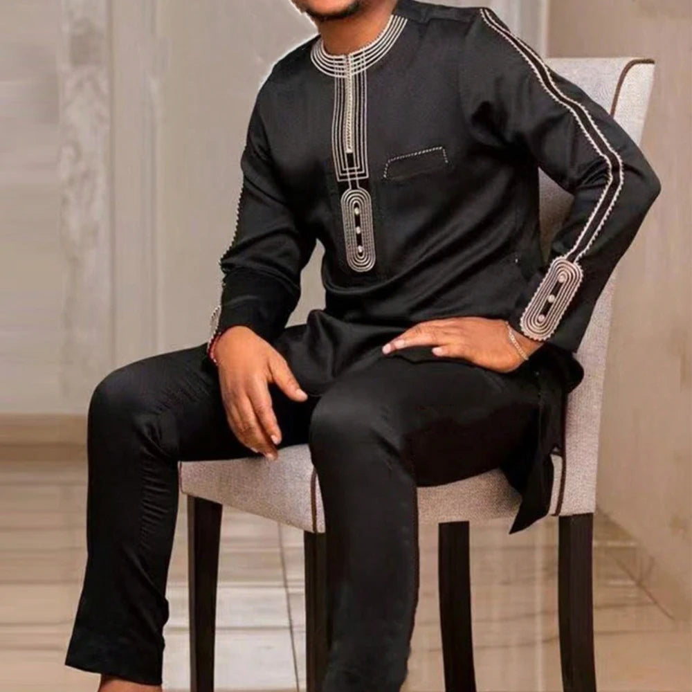 Mans Tracksuits Suits Set Kaftan Embroidered Long Sleeve Tops Pants 2Pcs Set Outfits Wedding Wear African Ethnic Casual Clothing