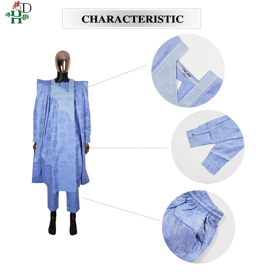 African Clothes Embroidery Blue Gown Plus Size For Men Elegant Party Wedding Thobe 3 PC Top and Pants Suits Set Daily Wear 2025