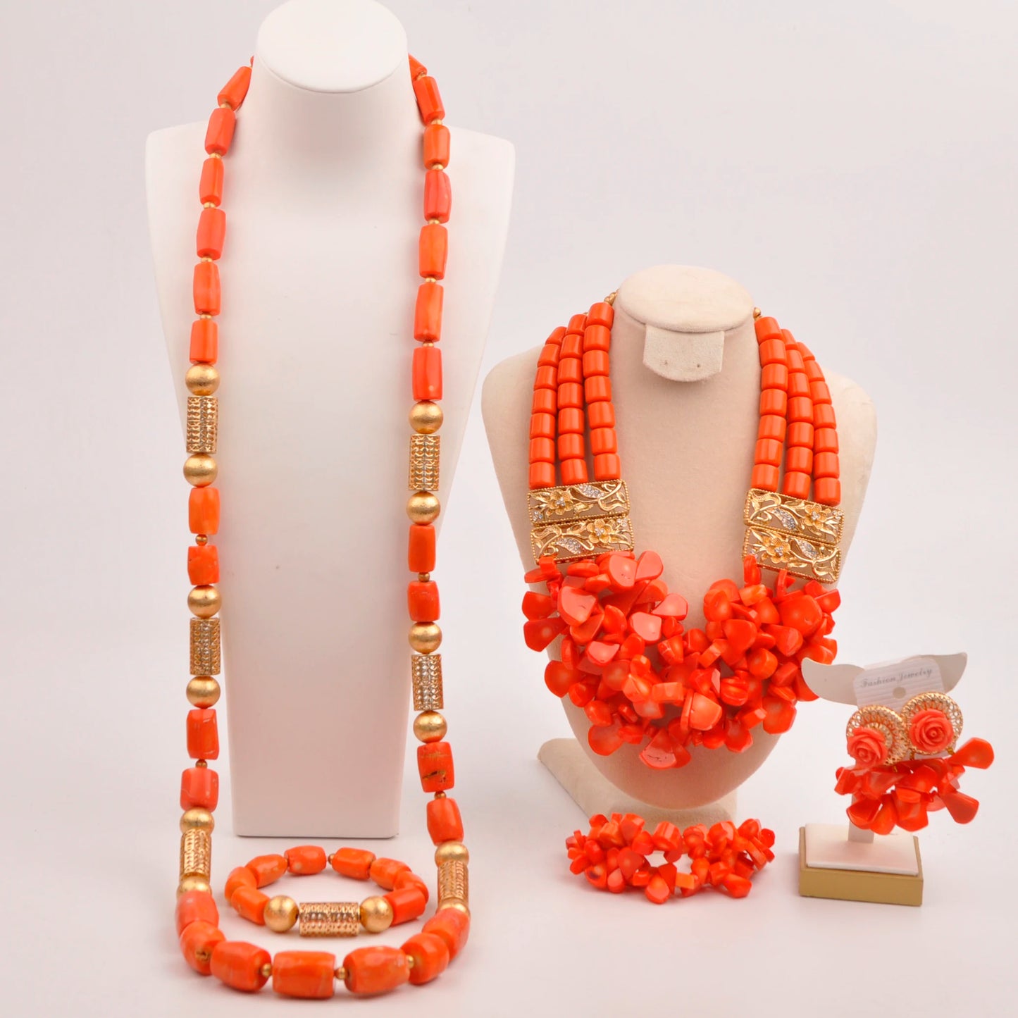 Orange Nigerian Artificial Coral Bead Necklace African Jewelry Sets