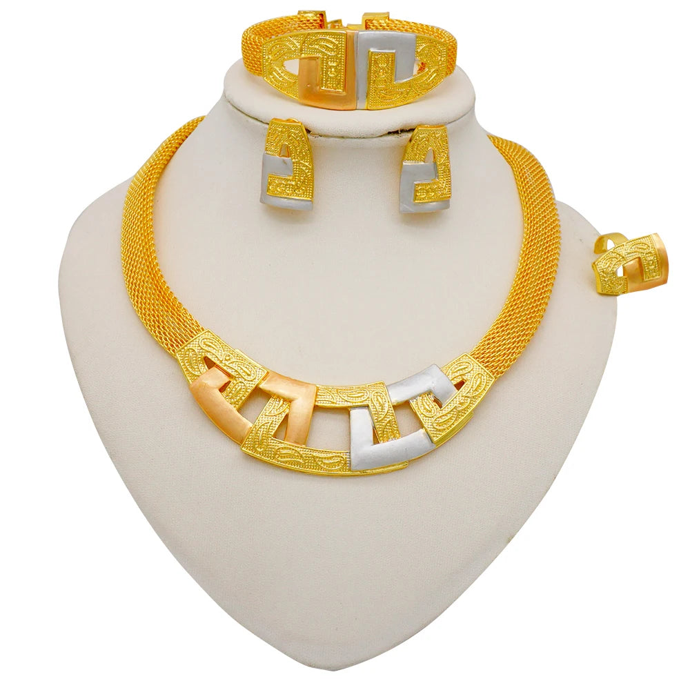 Nigeria Dubai Gold Color Fine Flowers Jewelry Sets African Wedding Gifts Party For Women Bracelet Necklace Earrings Ring Set