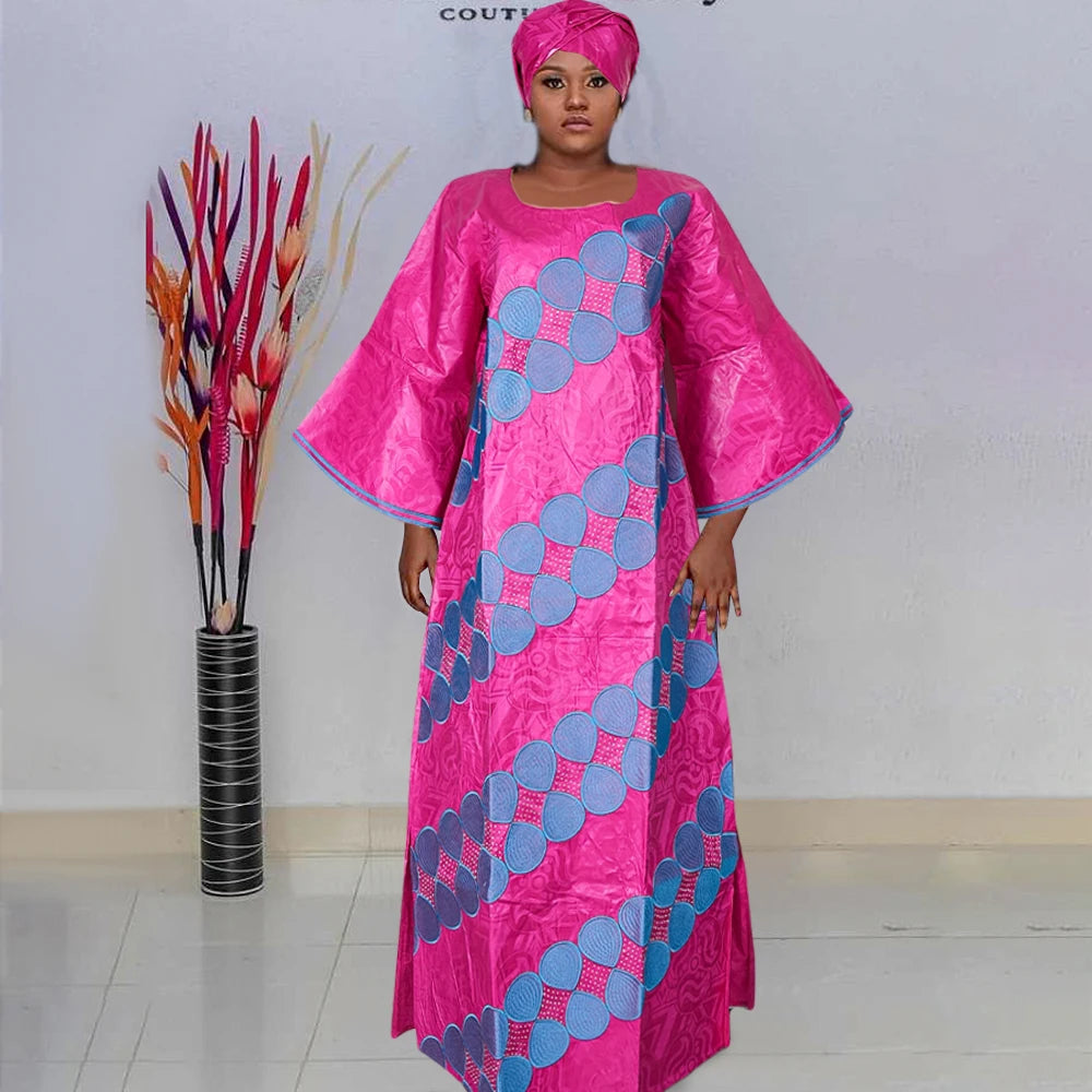 H&D New African Dresses For Women Embroidery Bazin Floral Dresses Ankara Rich Long Robes Nigeria Party Wedding Ramadan