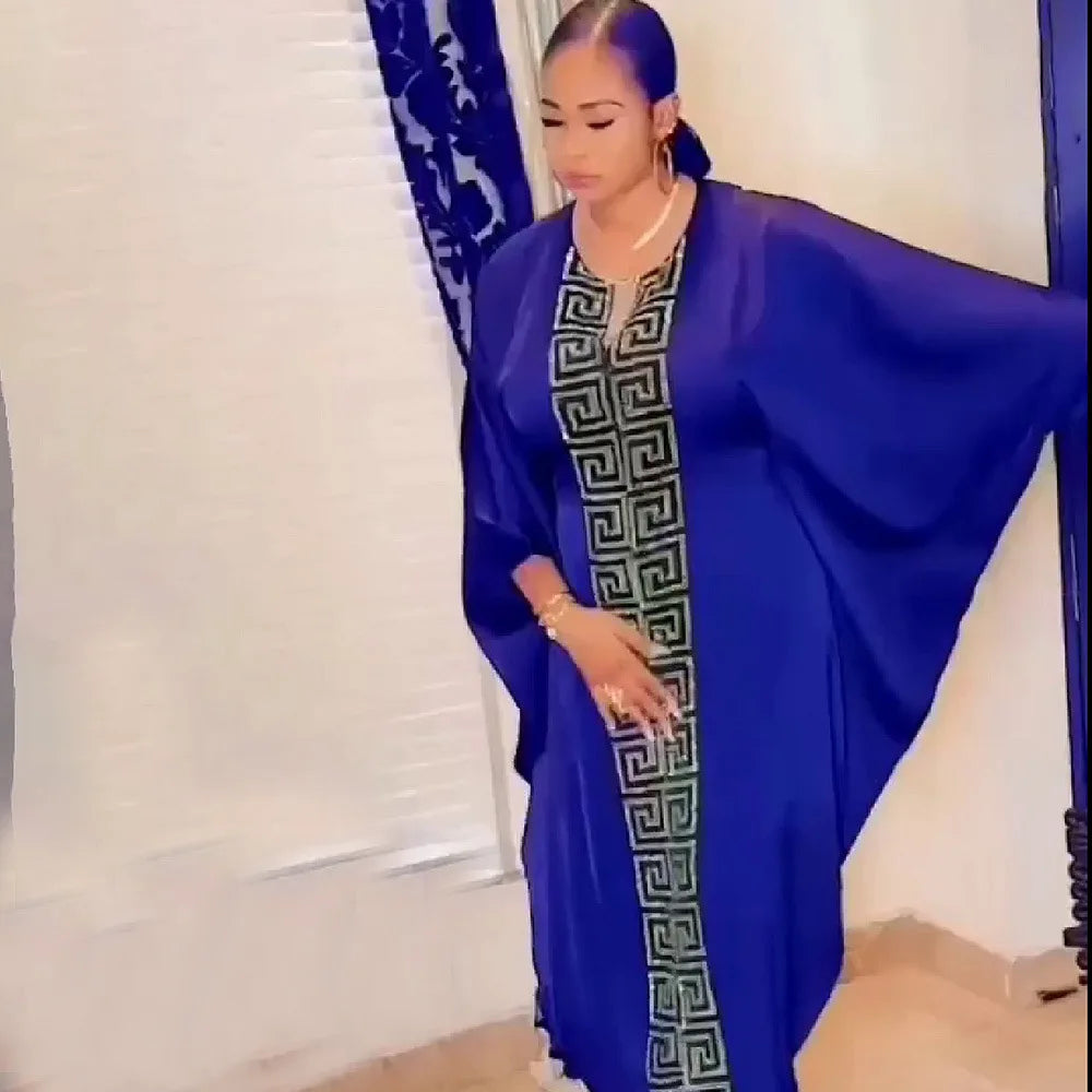 2025 High Quality African Women Plus Size Dress Bat Sleeve V Neck Robes Diamond Dashiki Maxi Dresses Muslim Femme Elegant Abayas