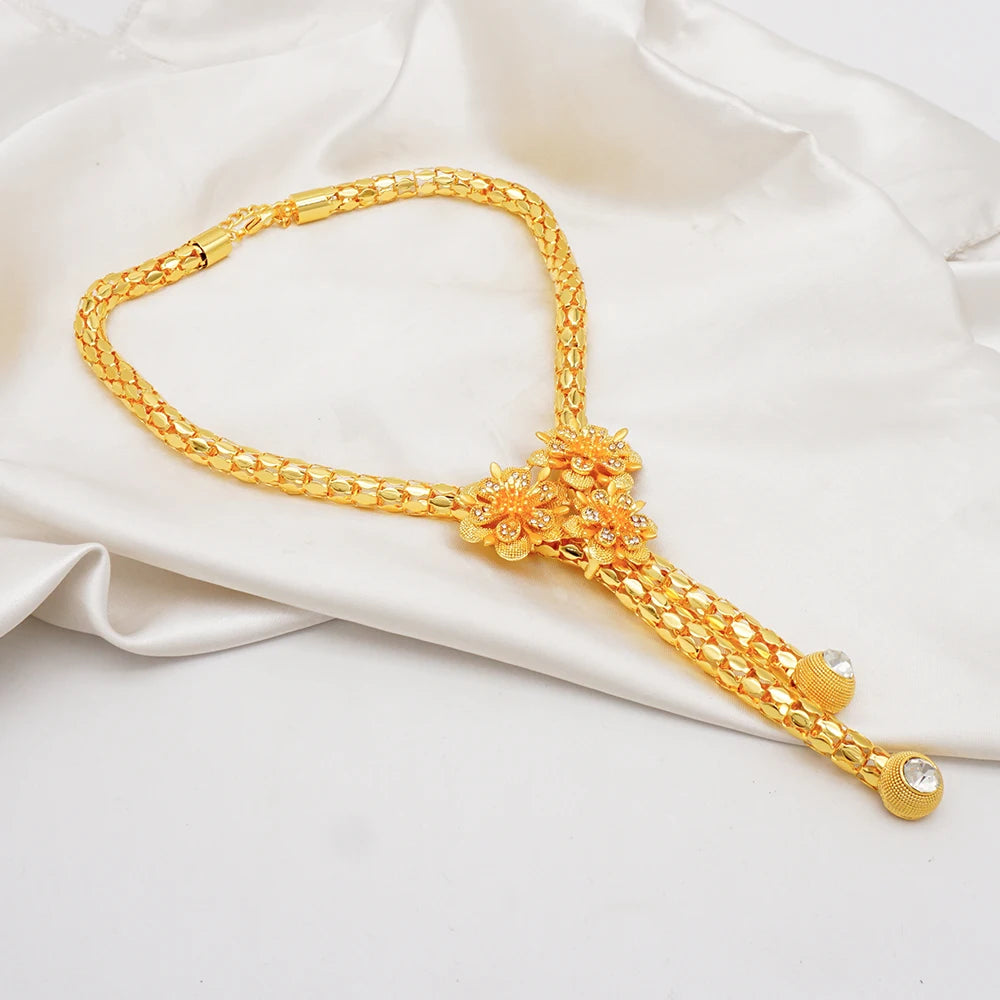 Trendy Nigerian Dubai Gold Color Jewelry Set For Women Tassel Long Chain Bridal Long Necklace Bracelet Earring Ring Wedding Sets