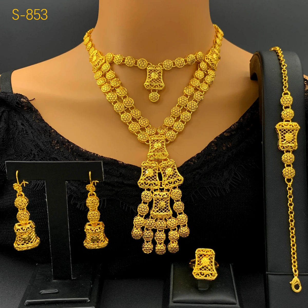 Luxury Dubai 24K Gold Color Two layer Necklace Jewelry Set For Women Bridal Nigerian Indian African Wedding Party Gift
