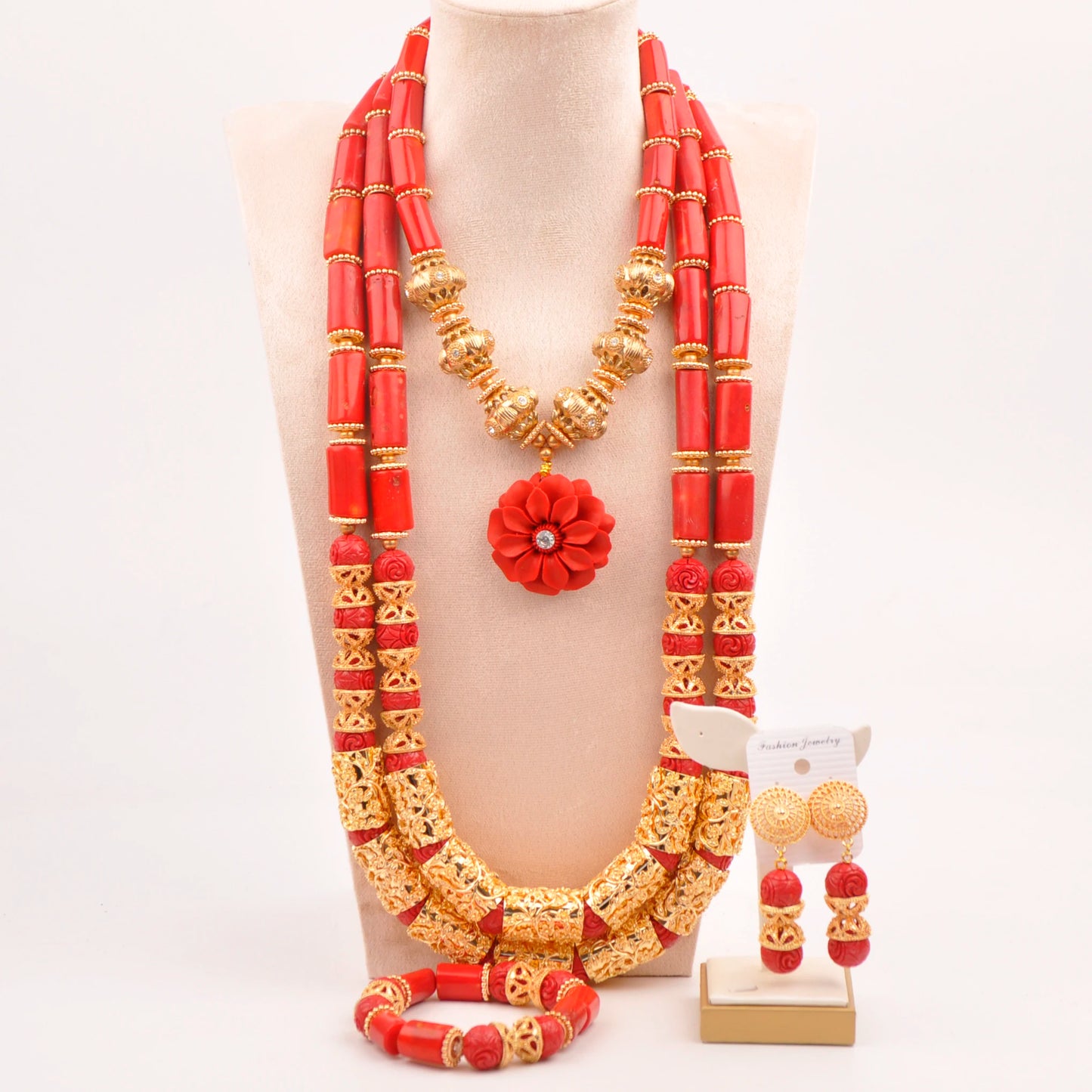 Orange Nigerian Artificial Coral Bead Necklace African Jewelry Sets