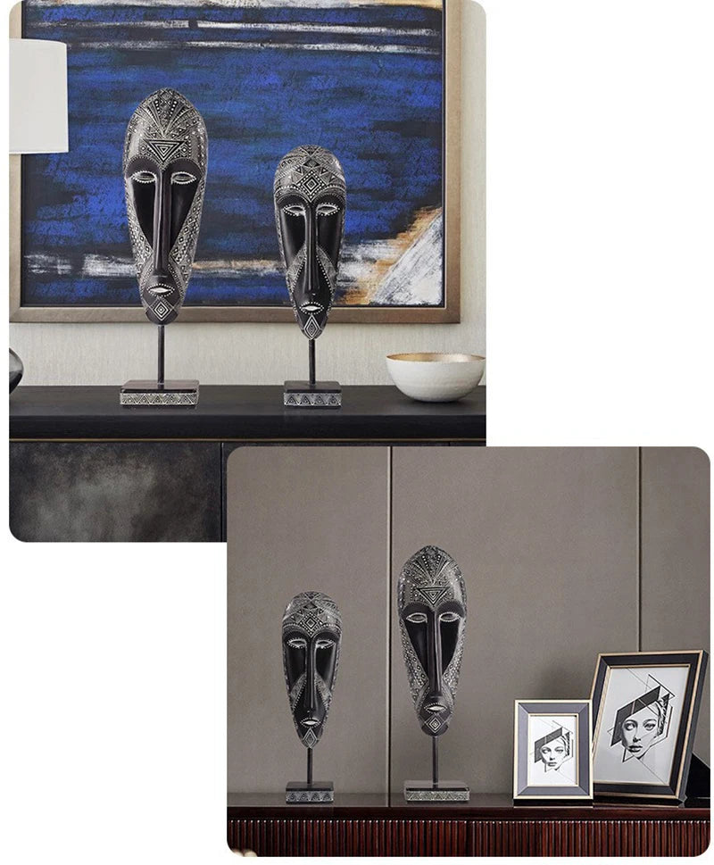 African Style Face Mask Ornament Sculpture Decoration Resin Arts And Crafts Originality Pattern Carving Retro With Base For Home