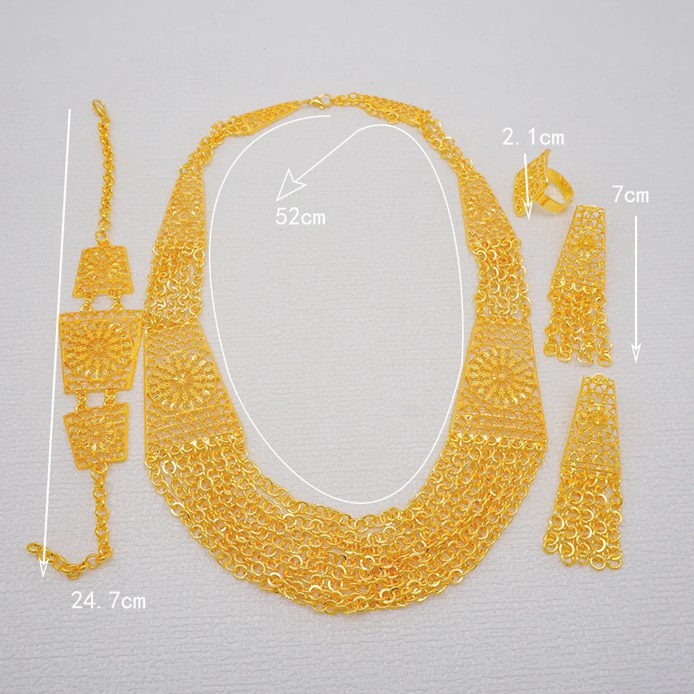 Dubai Jewelry Set Golden Color Drop Earring Cuff Bracelet Bangle Pendant Necklace Arab Wedding Gift