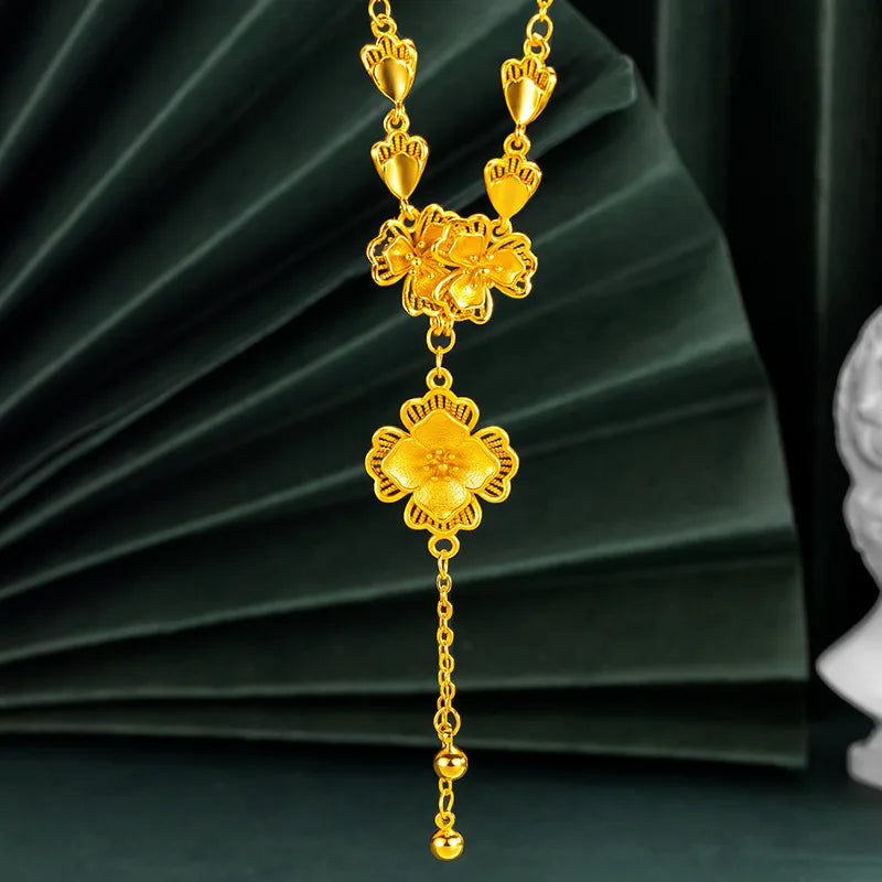 Luxury 24K 9999 Pure Gold real gold Gold Store Same Petal Tassel Lilac Set Chain Bracelet Women's Engagement Ring Bracelet