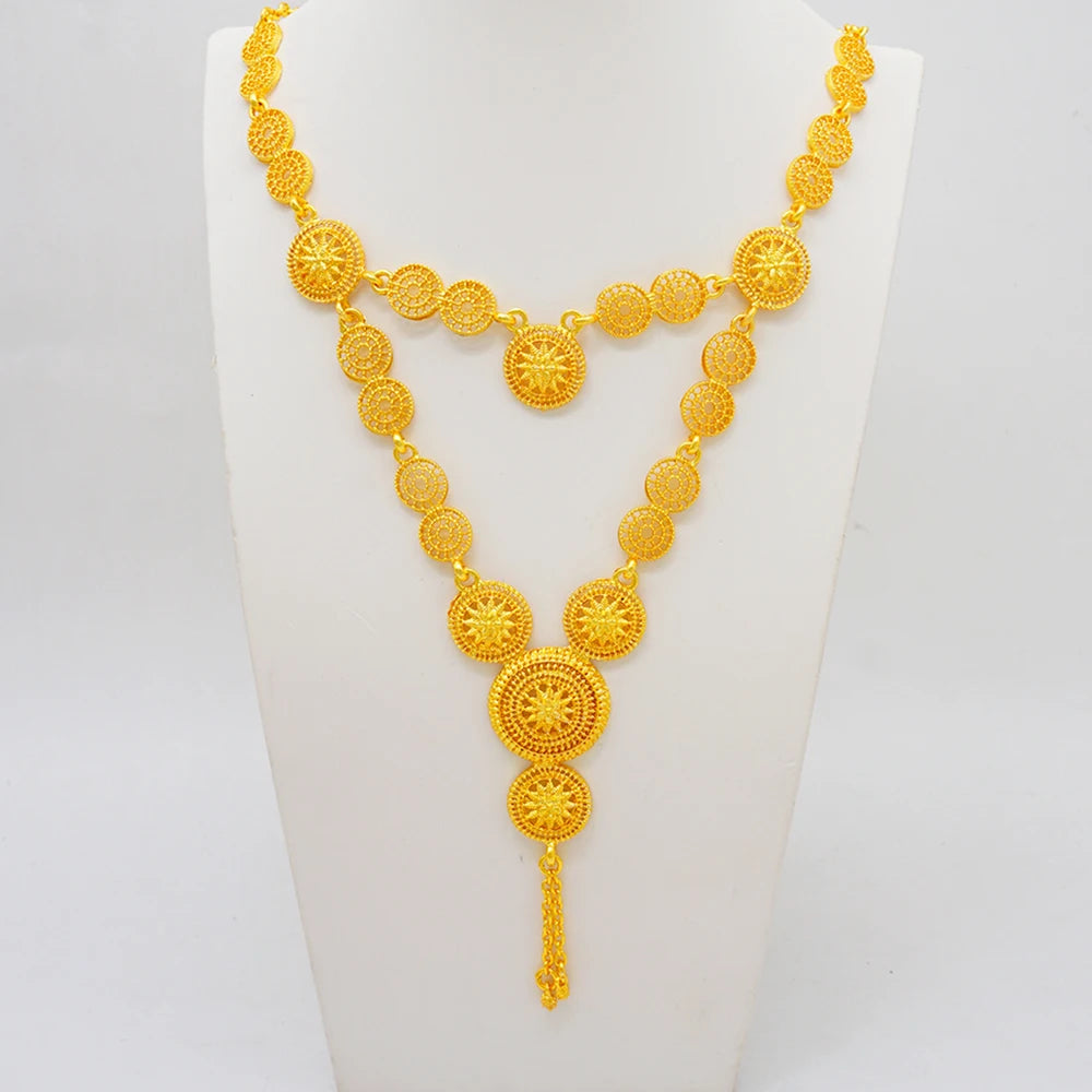African Ladies Dubai 24k Gold Plated Long Necklace Set Bridal Banquet Wedding Jewelry Set Accessories