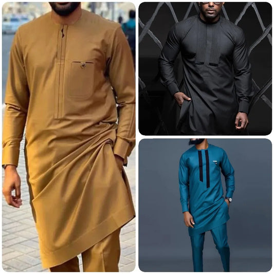 2024 African Youth Stand Collar Slim Fit Brown Ordinary Spring And Autumn Casual Shirt Dashiki Suit Muslim Suit Rich Bazin
