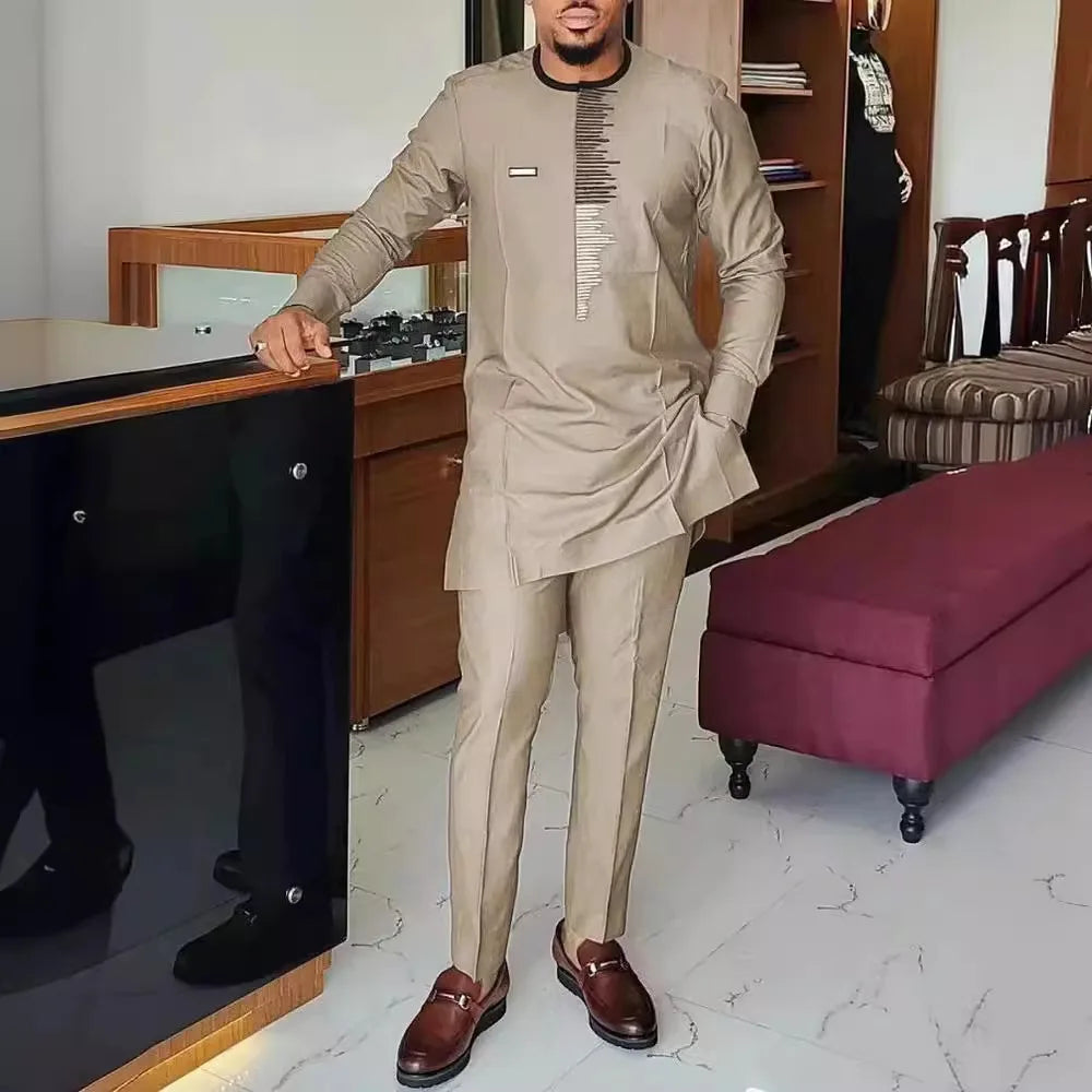 2 Piece African Clothes for Men Spring Fashion African Long Sleeve Top Long Pant Matching Sets Outfits Dashiki African Clothing