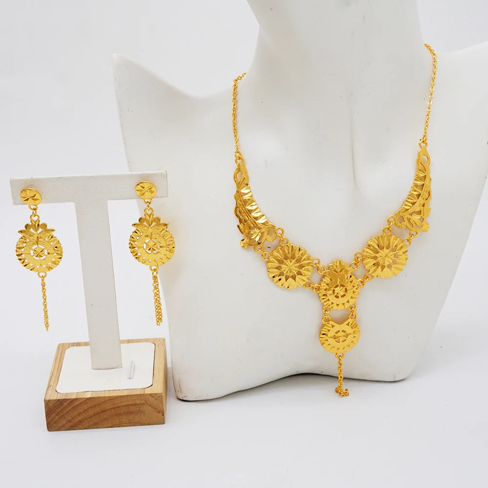 Luxury Indian Jewellery Earrings Necklace Jewelry Sets For Women Dubai Gold Color African Arabic Wedding Bridal  Party Gifts