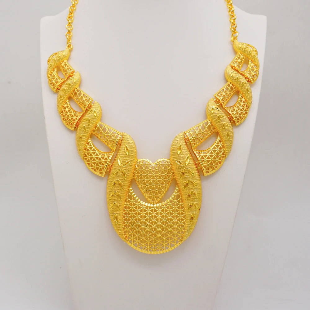 Trendy Nigerian Dubai Gold Color Jewelry Set For Women Tassel Long Chain Bridal Long Necklace Bracelet Earring Ring Wedding Sets